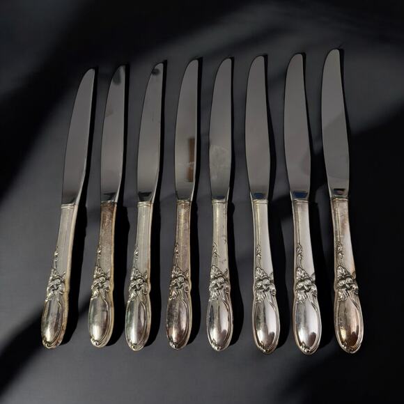 Oneida Community White Orchid Butter Knives 9.25" Vintage Silverplate Set of 8 - Picture 1 of 3